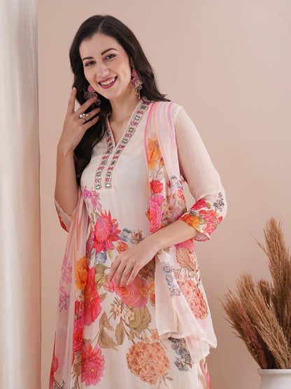 Abstract Floral Printed & Embroidered Straight Fit Kurta with Pant and Dupatta - Off White