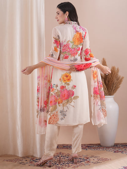 Abstract Floral Printed & Embroidered Straight Fit Kurta with Pant and Dupatta - Off White