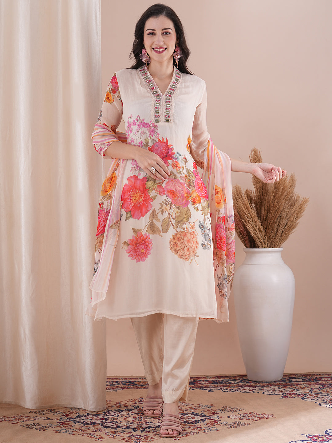 Abstract Floral Printed & Embroidered Straight Fit Kurta with Pant and Dupatta - Off White