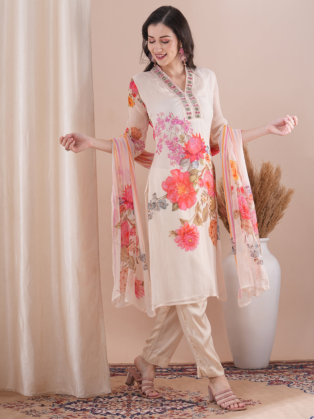 Abstract Floral Printed & Embroidered Straight Fit Kurta with Pant and Dupatta - Off White