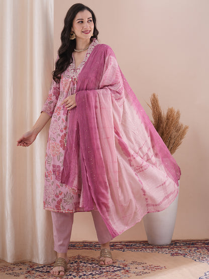 Floral Foil Printed & Embroidered Straight Fit Kurta with Pant and Dupatta - Pink