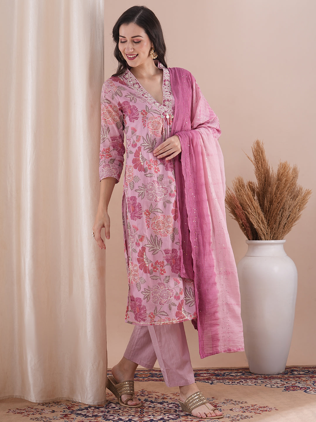 Floral Foil Printed & Embroidered Straight Fit Kurta with Pant and Dupatta - Pink