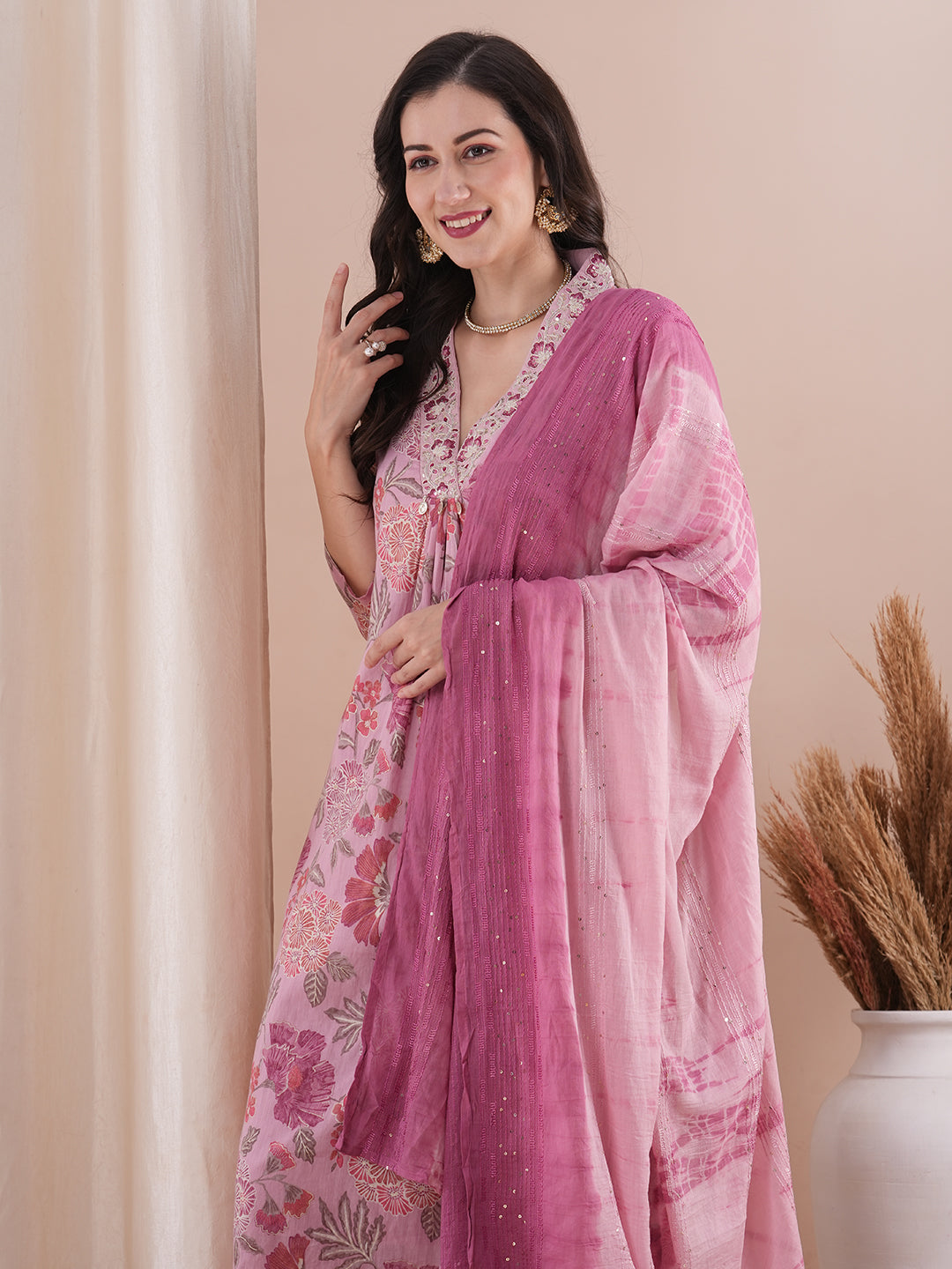 Floral Foil Printed & Embroidered Straight Fit Kurta with Pant and Dupatta - Pink