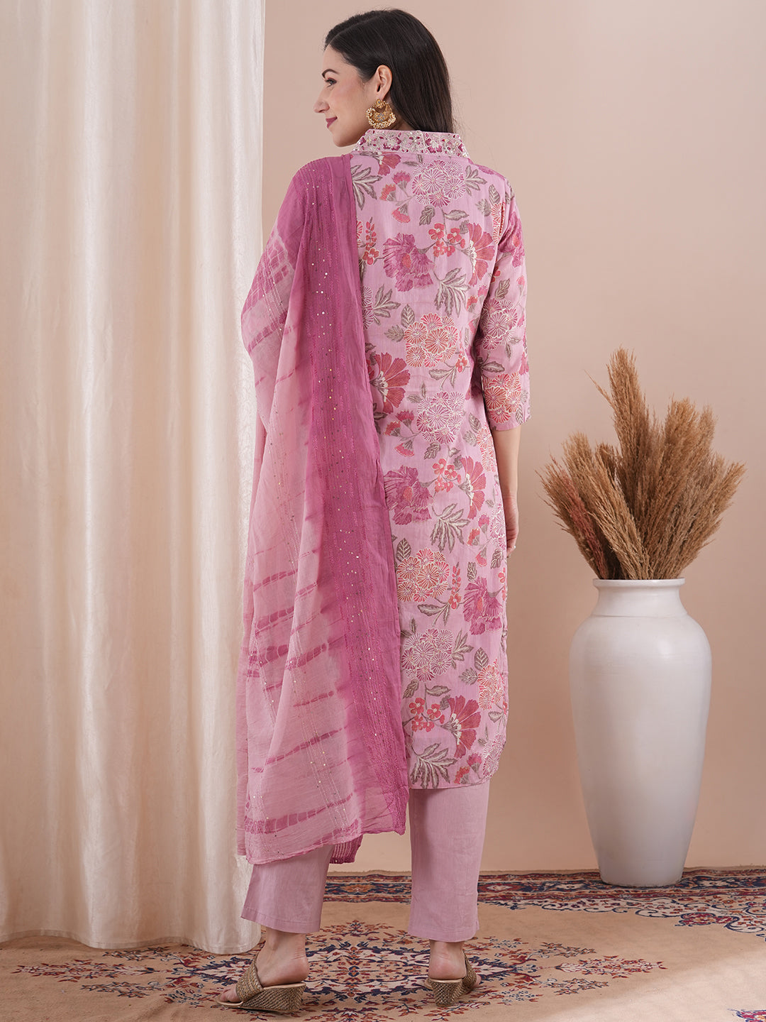 Floral Foil Printed & Embroidered Straight Fit Kurta with Pant and Dupatta - Pink