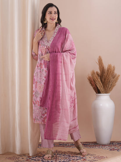 Floral Foil Printed & Embroidered Straight Fit Kurta with Pant and Dupatta - Pink