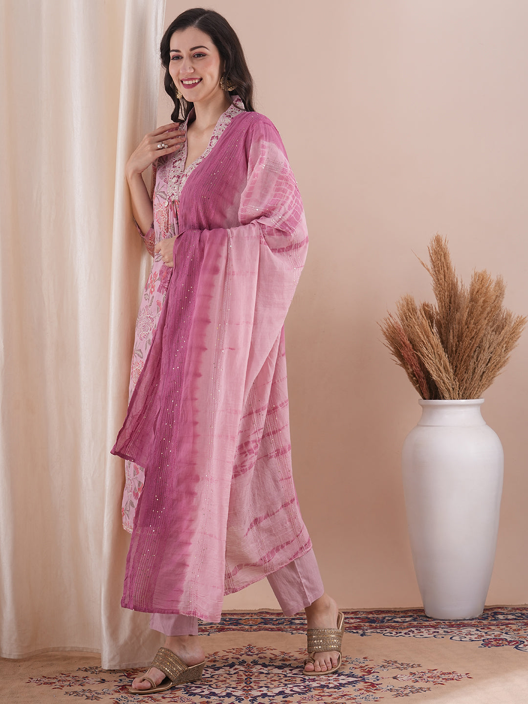 Floral Foil Printed & Embroidered Straight Fit Kurta with Pant and Dupatta - Pink