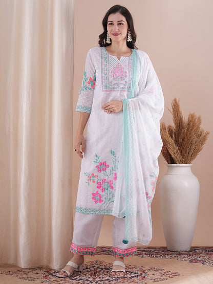 Ethnic Floral Printed Straight Fit Kurta with Pant and Dupatta - White