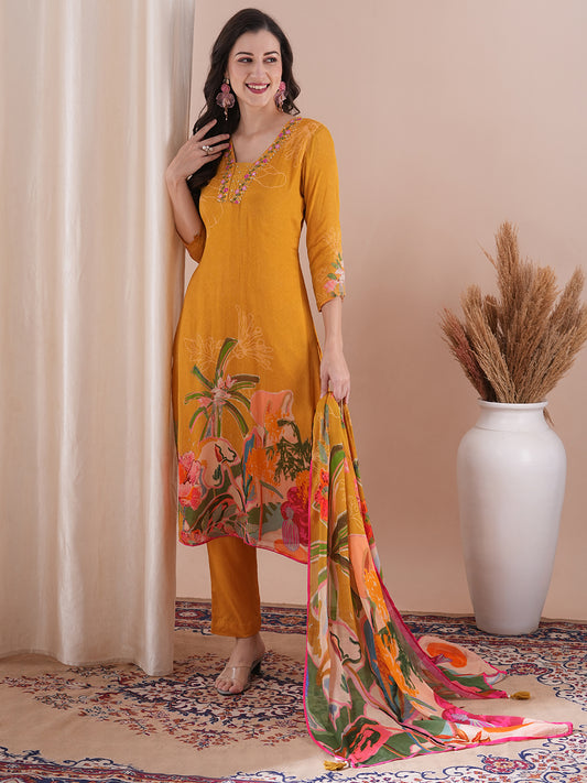 Abstract Floral Printed & Embroidered Straight Kurta with Pant & Dupatta - Mustard