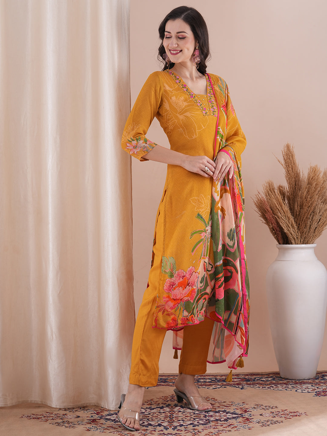 Abstract Floral Printed & Embroidered Straight Kurta with Pant & Dupatta - Mustard