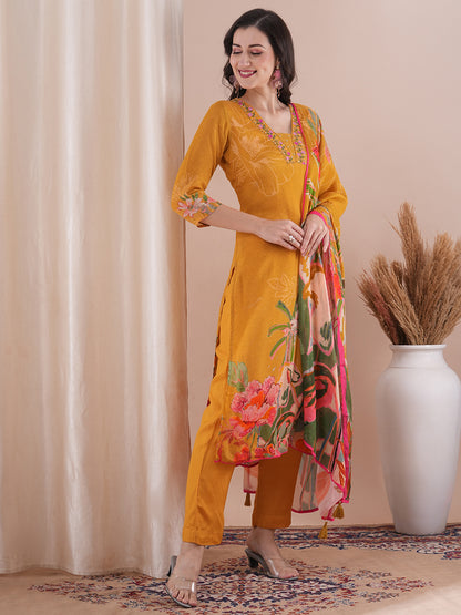 Abstract Floral Printed & Embroidered Straight Kurta with Pant & Dupatta - Mustard