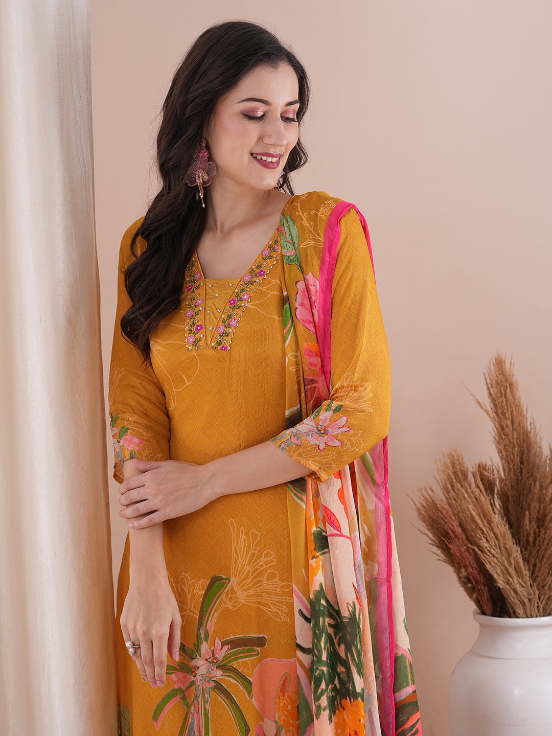 Abstract Floral Printed & Embroidered Straight Kurta with Pant & Dupatta - Mustard