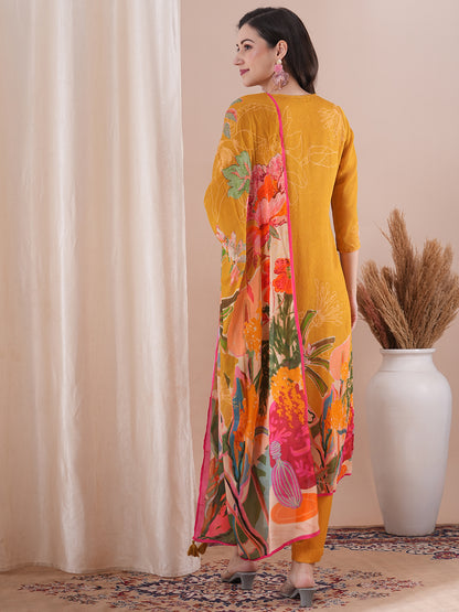 Abstract Floral Printed & Embroidered Straight Kurta with Pant & Dupatta - Mustard