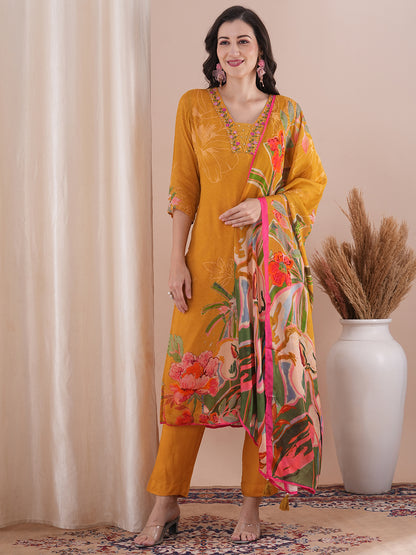 Abstract Floral Printed & Embroidered Straight Kurta with Pant & Dupatta - Mustard