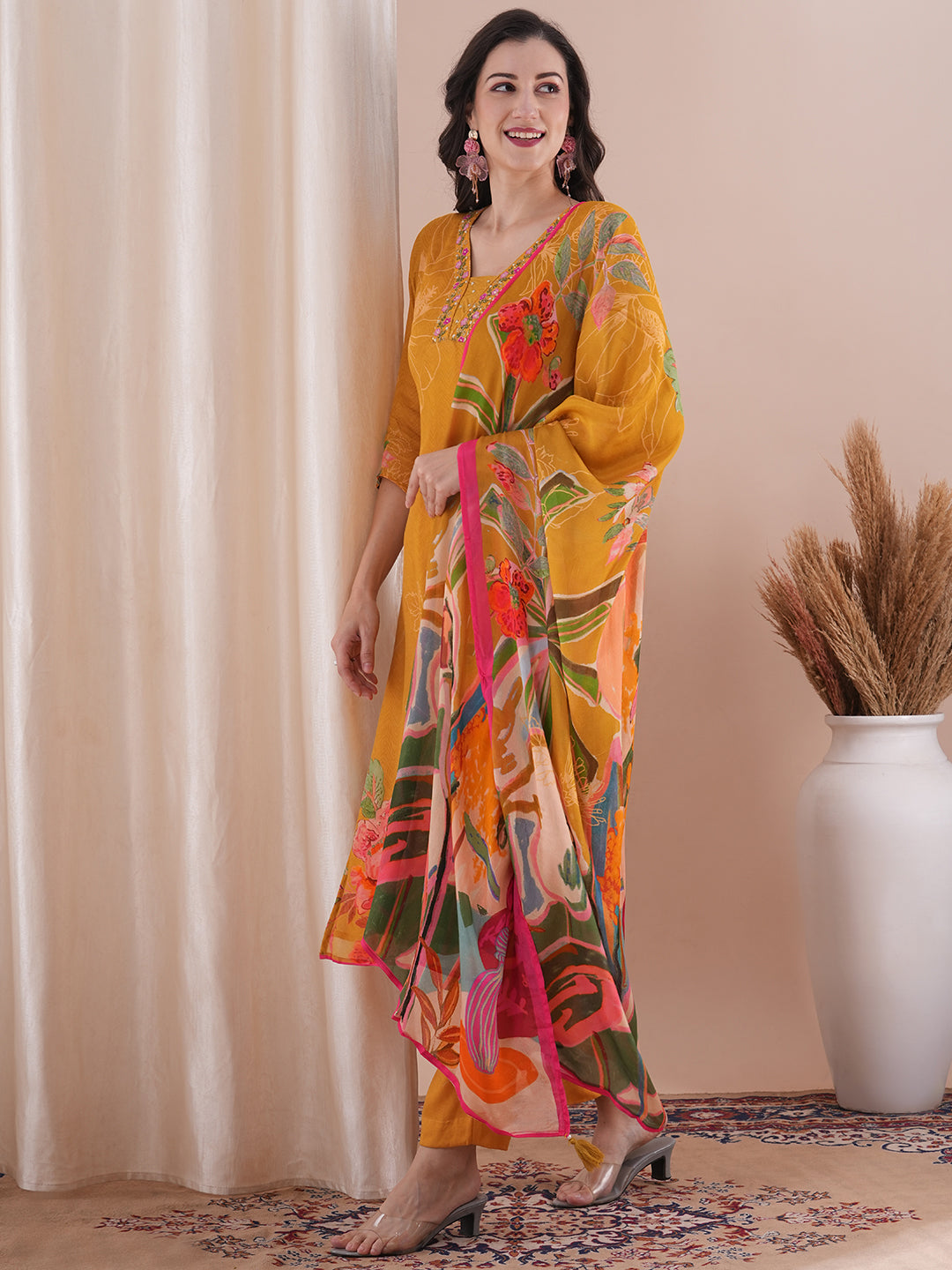 Abstract Floral Printed & Embroidered Straight Kurta with Pant & Dupatta - Mustard