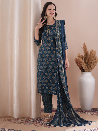 Floral Foil Printed Straight Fit Kurta with Pant & Dupatta - Teal Green