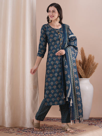 Floral Foil Printed Straight Fit Kurta with Pant & Dupatta - Teal Green