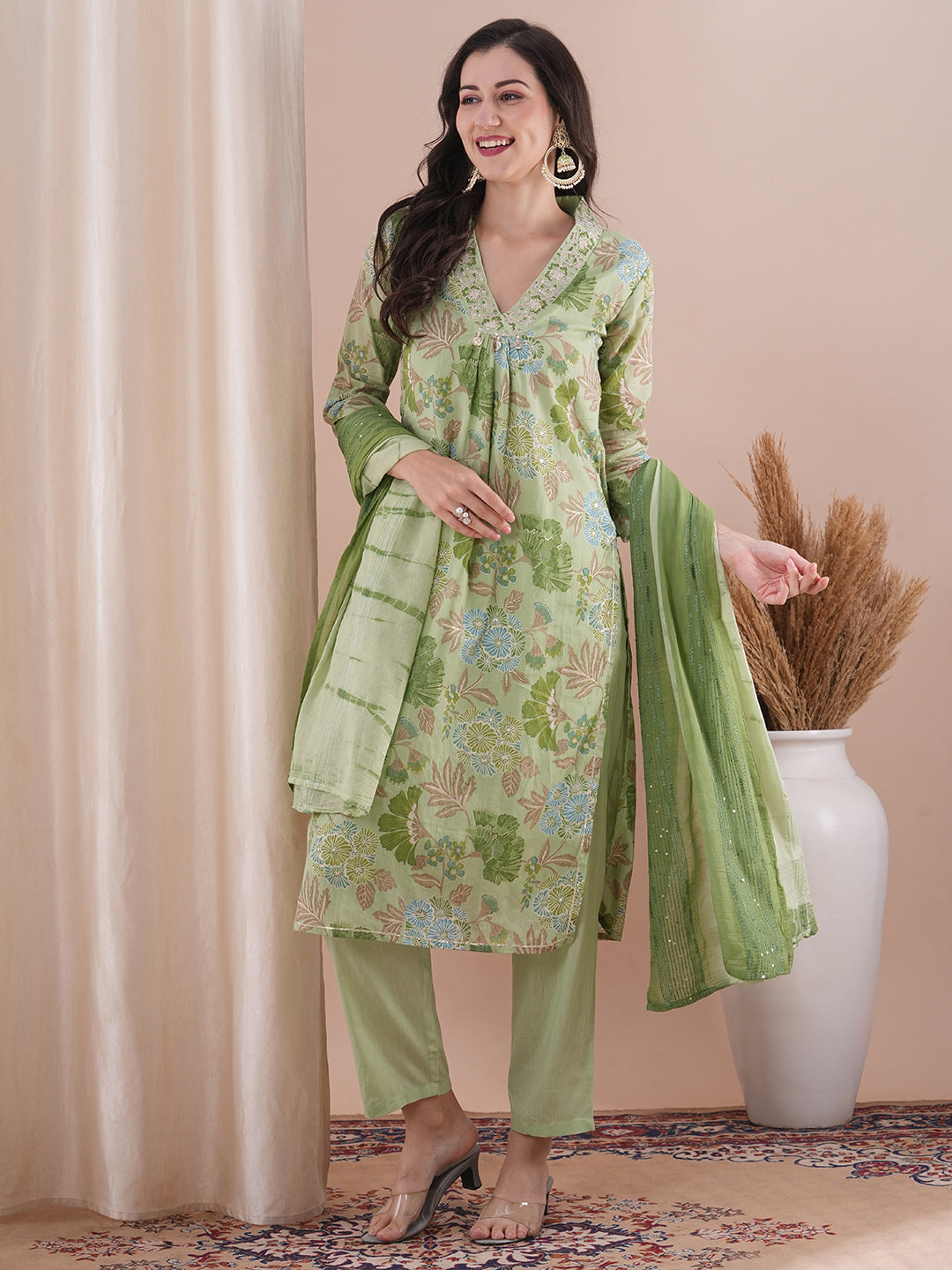 Floral Foil Printed & Embroidered Straight Fit Kurta with Pant and Dupatta - Mint Green