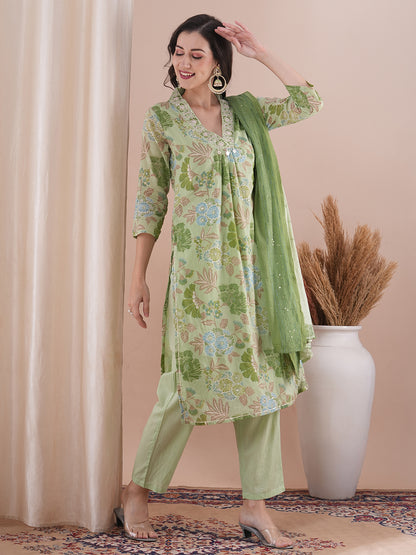 Floral Foil Printed & Embroidered Straight Fit Kurta with Pant and Dupatta - Mint Green