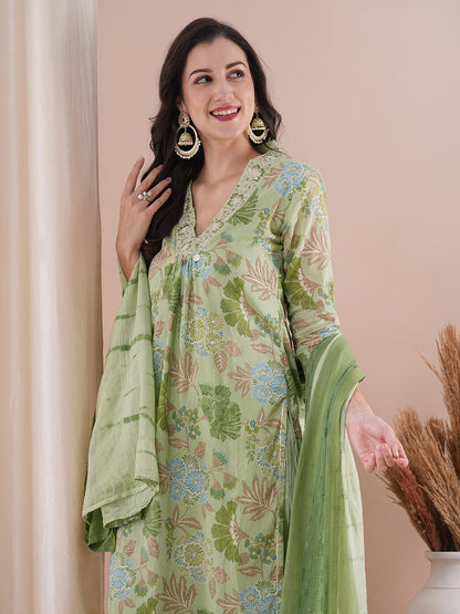 Floral Foil Printed & Embroidered Straight Fit Kurta with Pant and Dupatta - Mint Green