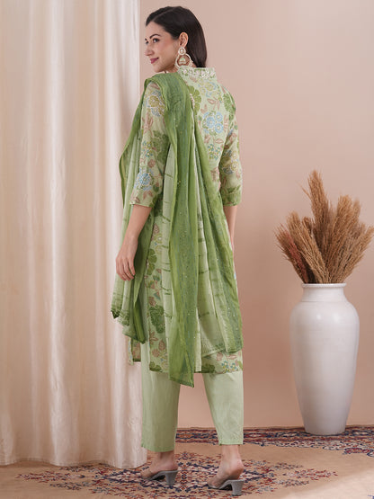 Floral Foil Printed & Embroidered Straight Fit Kurta with Pant and Dupatta - Mint Green