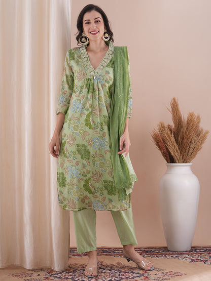 Floral Foil Printed & Embroidered Straight Fit Kurta with Pant and Dupatta - Mint Green