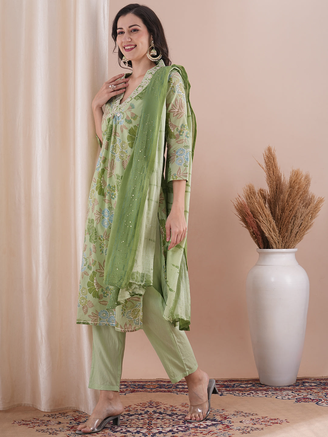 Floral Foil Printed & Embroidered Straight Fit Kurta with Pant and Dupatta - Mint Green