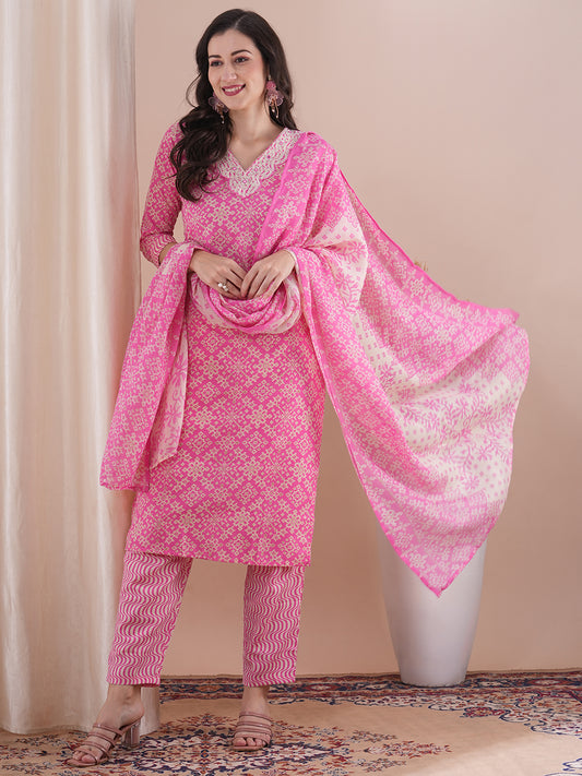 Ethnic Printed & Embroidered Straight Fit Kurta with Pant and Dupatta - Pink