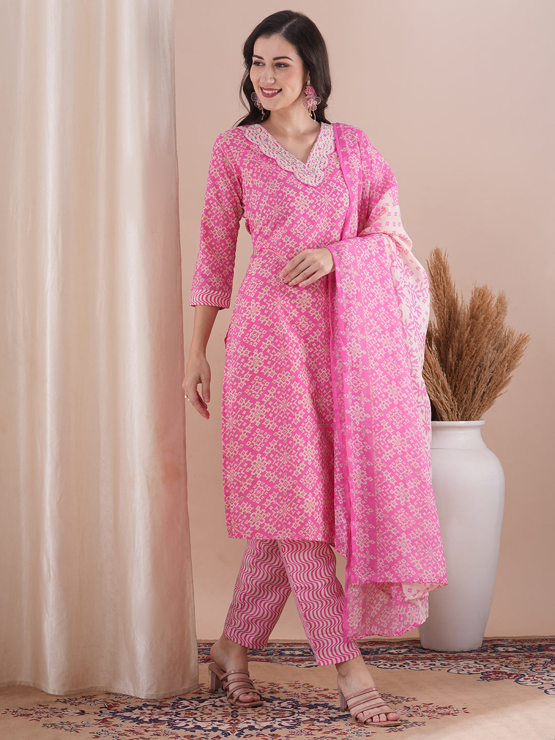 Ethnic Printed & Embroidered Straight Fit Kurta with Pant and Dupatta - Pink