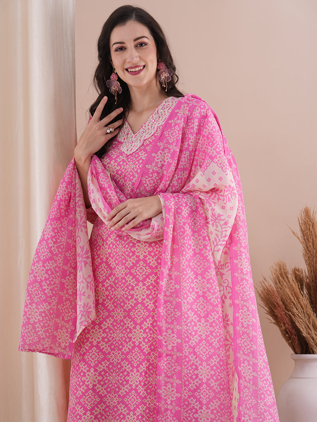 Ethnic Printed & Embroidered Straight Fit Kurta with Pant and Dupatta - Pink