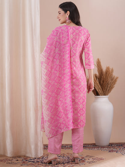 Ethnic Printed & Embroidered Straight Fit Kurta with Pant and Dupatta - Pink