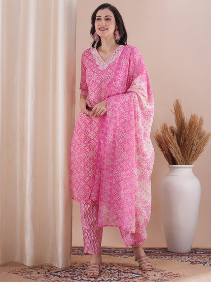 Ethnic Printed & Embroidered Straight Fit Kurta with Pant and Dupatta - Pink