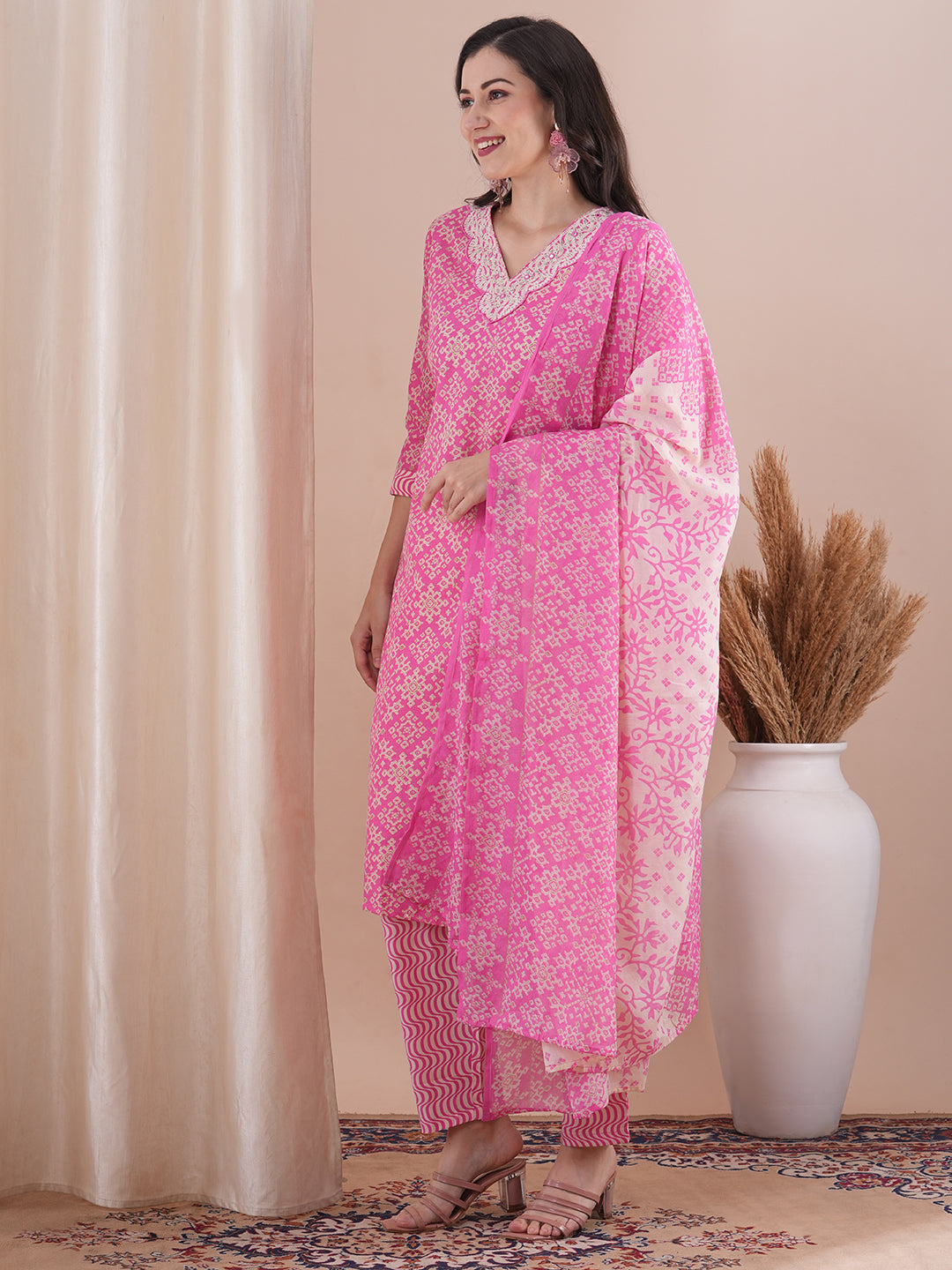 Ethnic Printed & Embroidered Straight Fit Kurta with Pant and Dupatta - Pink