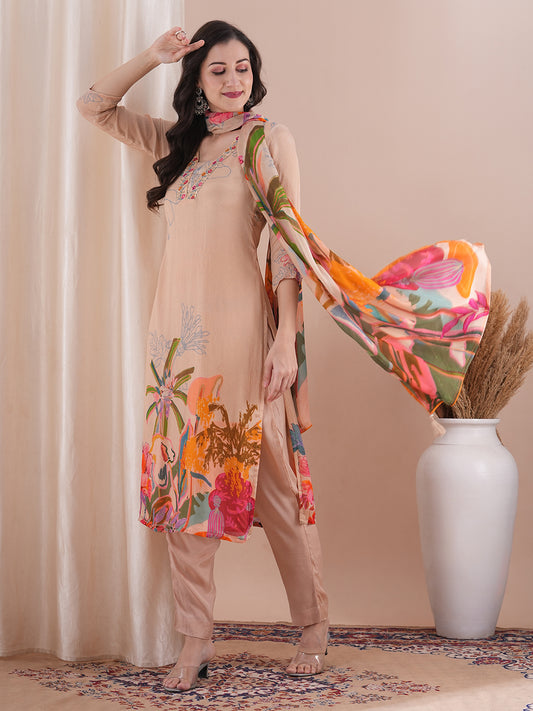 Abstract Floral Printed & Embroidered Straight Kurta with Pant & Dupatta - Cream