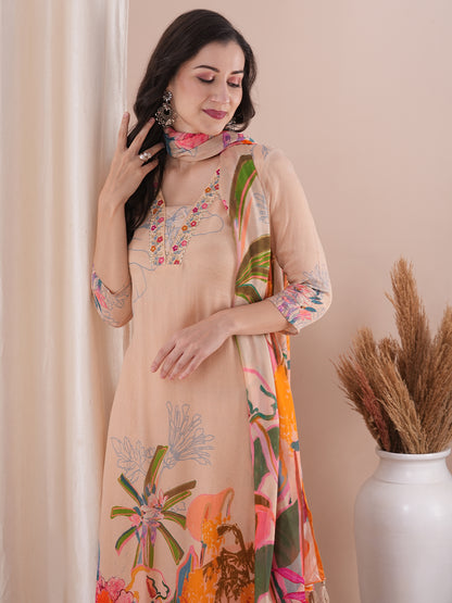 Abstract Floral Printed & Embroidered Straight Kurta with Pant & Dupatta - Cream