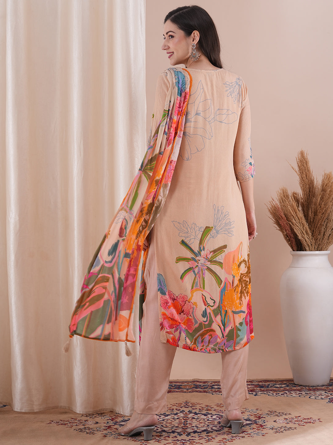 Abstract Floral Printed & Embroidered Straight Kurta with Pant & Dupatta - Cream