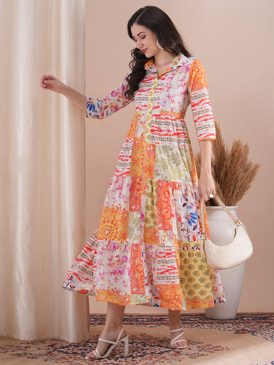 Ethnic Floral Printed A-Line Pleated Tiered Maxi Dress - Multi