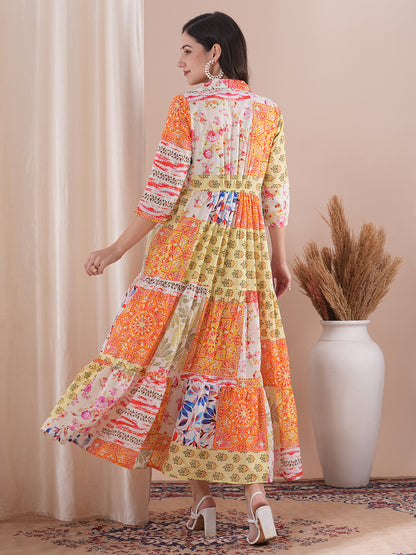 Ethnic Floral Printed A-Line Pleated Tiered Maxi Dress - Multi