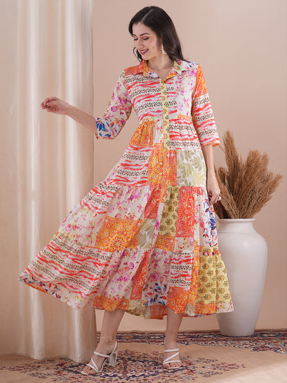 Ethnic Floral Printed A-Line Pleated Tiered Maxi Dress - Multi