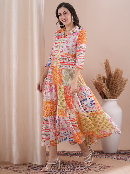 Ethnic Floral Printed A-Line Pleated Tiered Maxi Dress - Multi