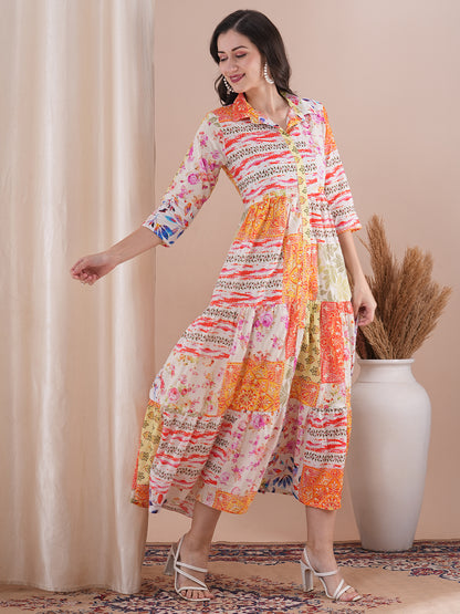 Ethnic Floral Printed A-Line Pleated Tiered Maxi Dress - Multi