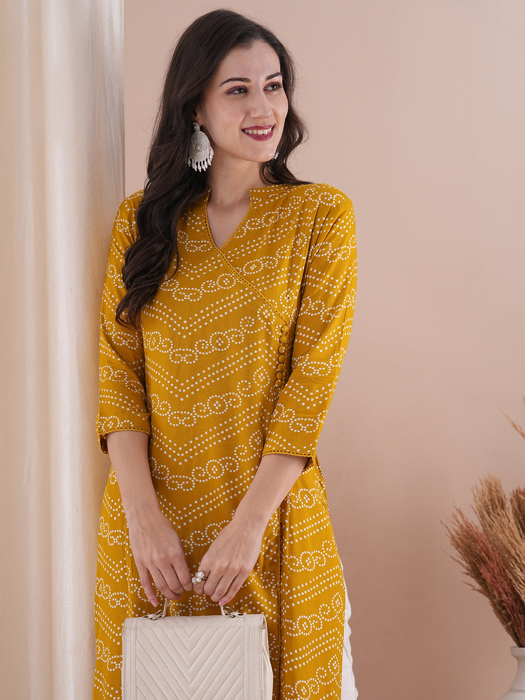 Abstract Bandhani Printed Straight Fit Kurta - Mustard