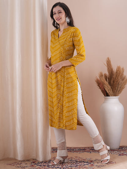 Abstract Bandhani Printed Straight Fit Kurta - Mustard