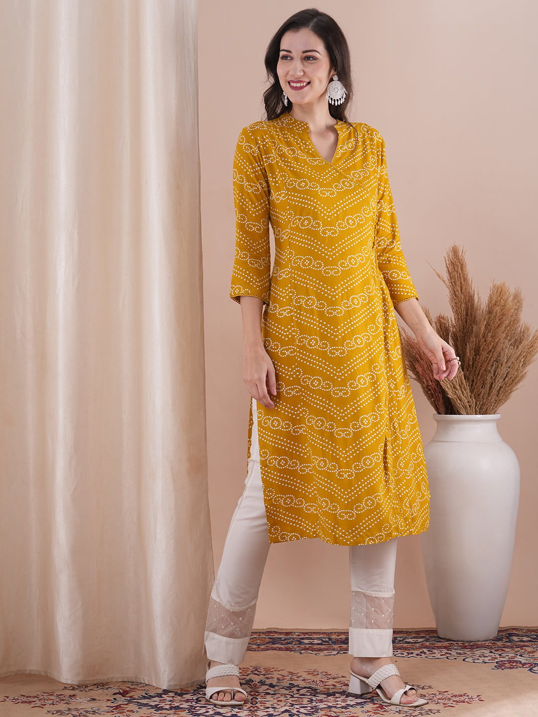 Abstract Bandhani Printed Straight Fit Kurta - Mustard