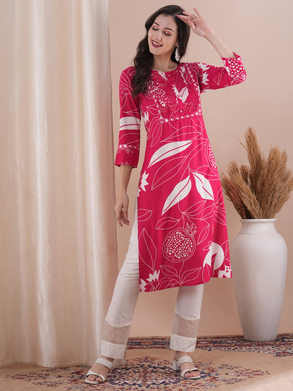 Floral Printed & Embroidered Straight Fit Kurta - Pink