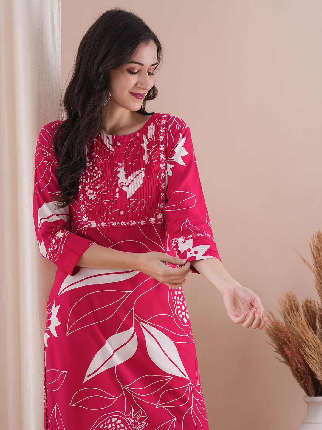 Floral Printed & Embroidered Straight Fit Kurta - Pink