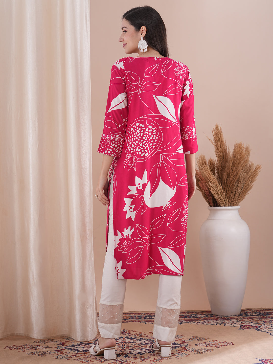 Floral Printed & Embroidered Straight Fit Kurta - Pink