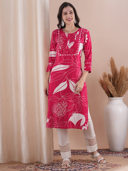 Floral Printed & Embroidered Straight Fit Kurta - Pink