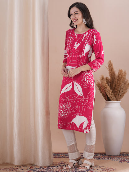 Floral Printed & Embroidered Straight Fit Kurta - Pink