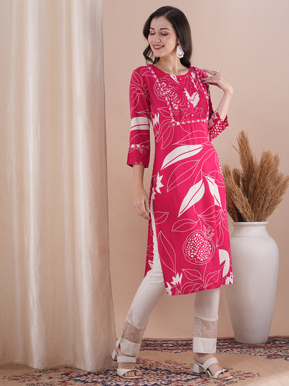 Floral Printed & Embroidered Straight Fit Kurta - Pink