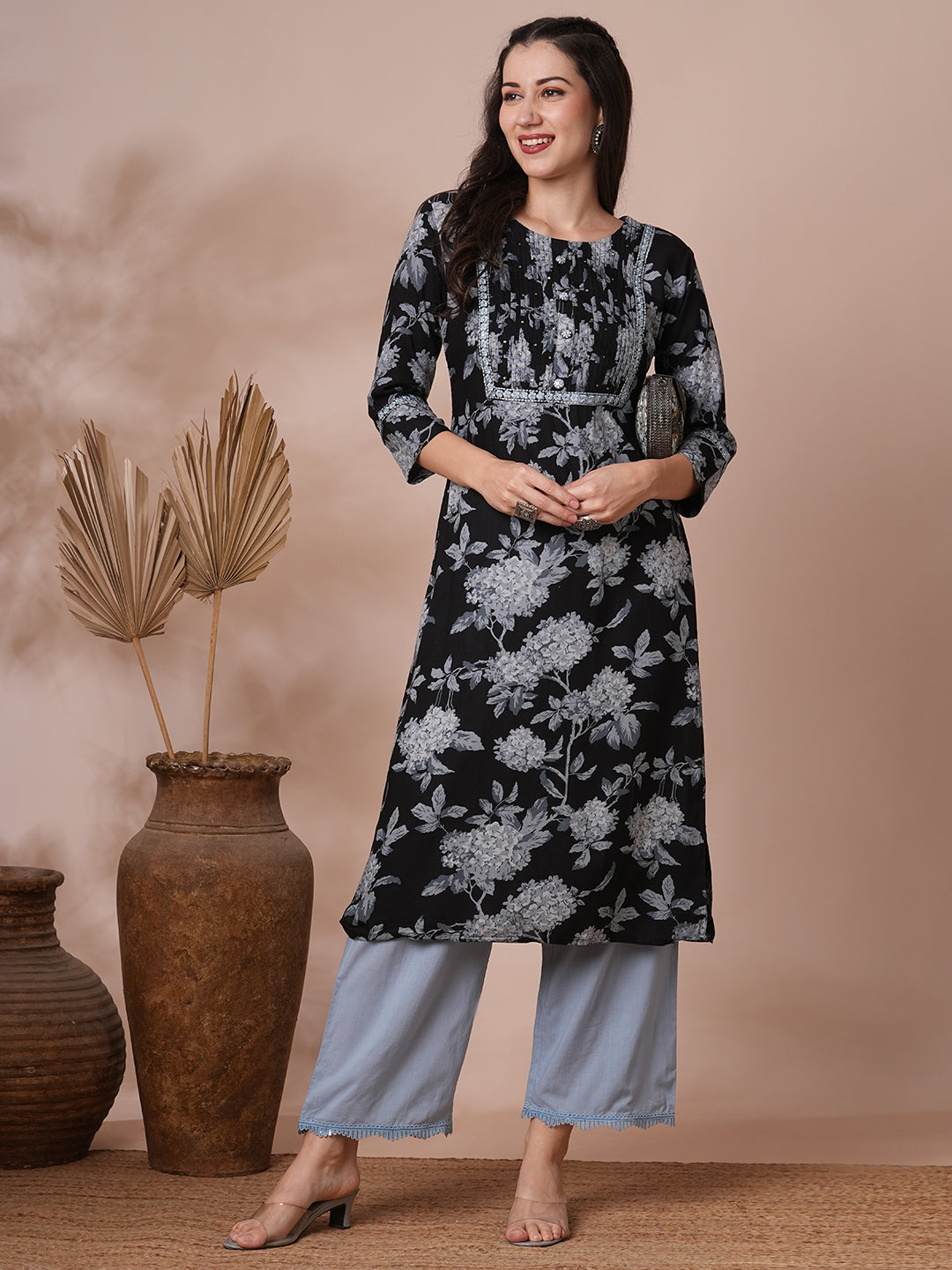 Floral Printed & Embroidered Straight Fit Kurta - Black